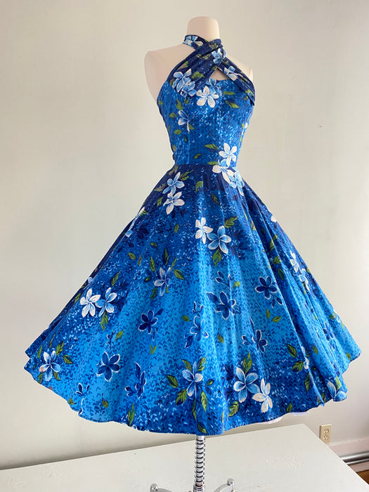 Brilliant Blue 1950's Cotton Hawaiian Dress by Kamehameha With Full Skirt / Waist 28