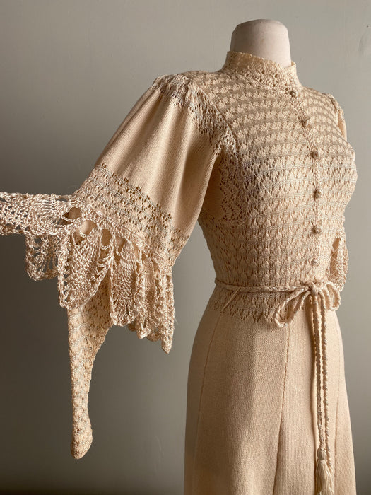 Rare 1970's Ivory Knit Edwardian Inspired Dress / SM