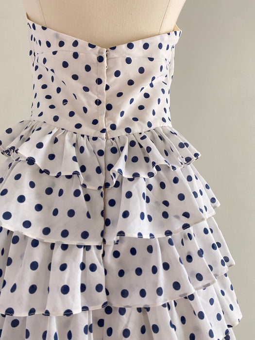 1970's Navy Blue and White Cotton Polka Dot Party Dress / Sz S