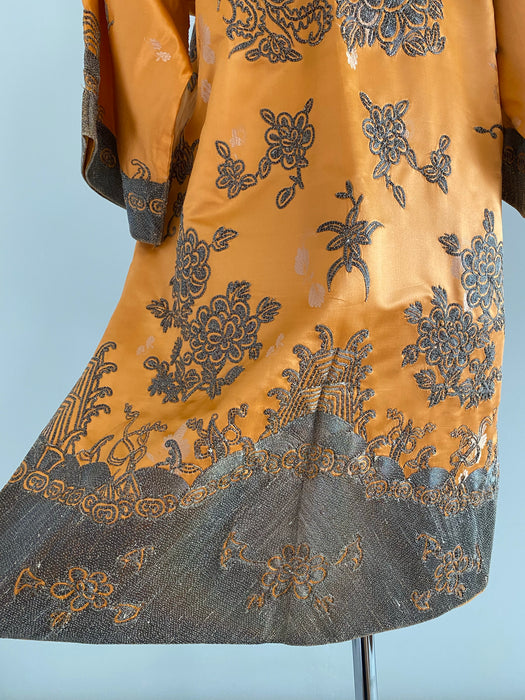 Exquisite 1920's Tangerine Silk Chinese Jacket Metallic Embroidery Thread / SM