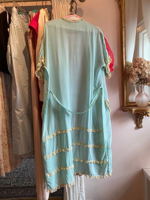 Ethereal 1920's Aquamarine Silk Robe With Flower Baskets / SM