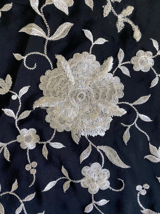 Vintage Black & White Embroidered Silk Piano Shawl Double Sided / Large