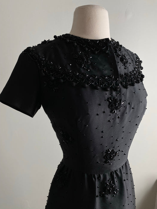 Exquisite 1960's Black Silk Couture Beaded Cocktail Dress / Waist 26