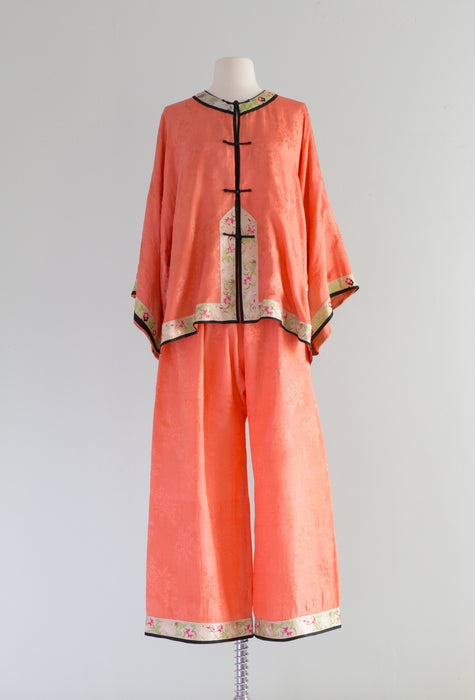 Vintage Persimmon Chinese Silk Loungwear Set 1920's Era / Medium