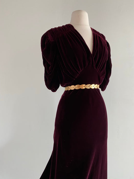 1930's Burgundy Silk Velvet Bias Cut Evening Gown / ML
