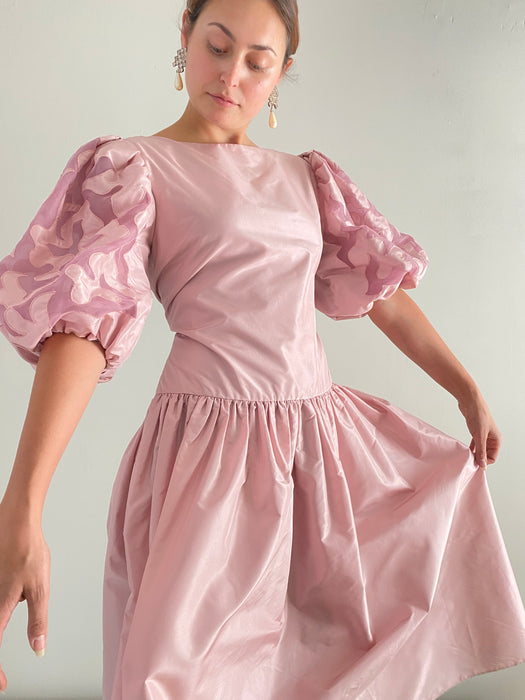 Vintage 1980's Rose Mauve Silk Dress With Balloon Sleeves By Tal Saunders / Waist 30
