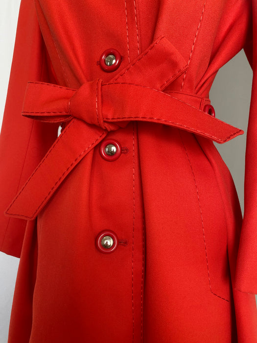 TOMATO Red 1970's Cotton Trench Coat By Cyclone, Paris / Medium