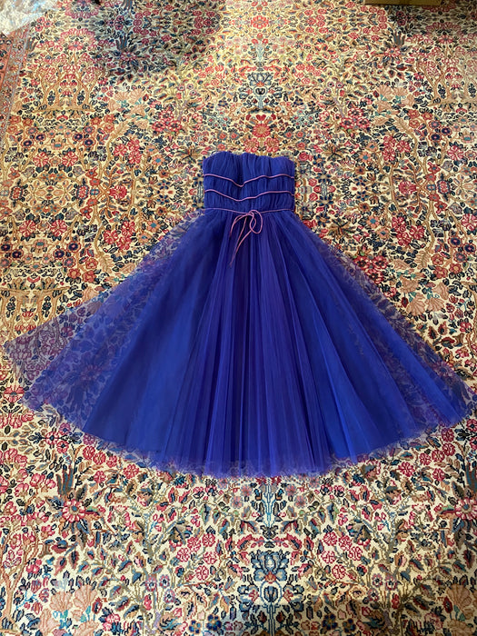 Divine 1950's Yves Klein Blue Pleated Strapless Prom Dress / Small Xtabay Vintage Divine 1950's Yves Klein Blue Pleated Strapless Prom Dress / Small Xtabay Vintage