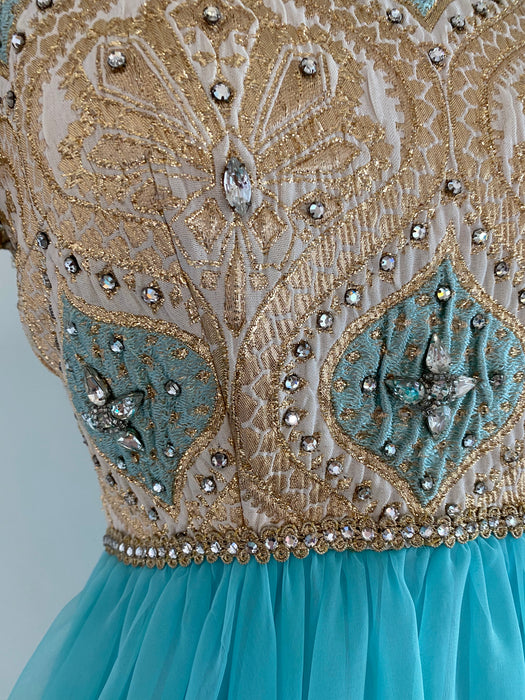 Exquisite 1960's Tiffany Blue and Gold Brocade Evening Gown By Nat Kaplan / Small