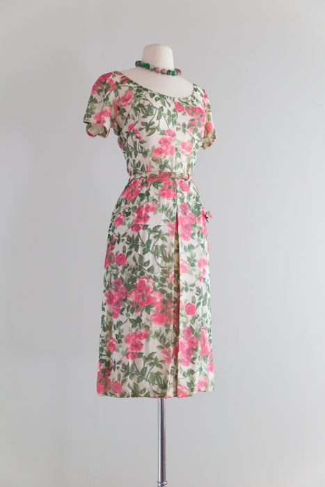 1950's Sophie Gimbel Silk Floral Print Wiggle Dress / Waist 30