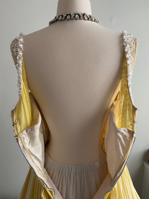 Elegant Early 1960's Lemon Silk Chiffon Dress By Harvey Berin / Small