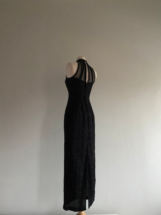 Sexy Vintage 1980's Silk Beaded Evening Gown / Small