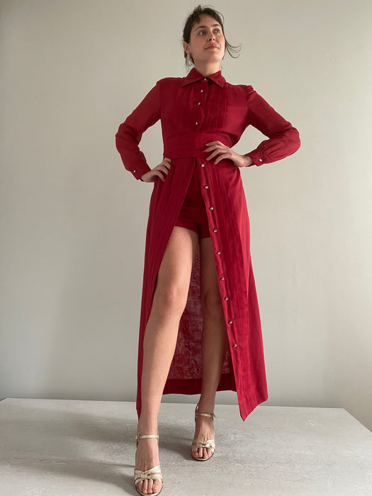 Fabulous 1970's Crimson Maxi Dress & Hot Pants Set by Leo Narducci / Medium