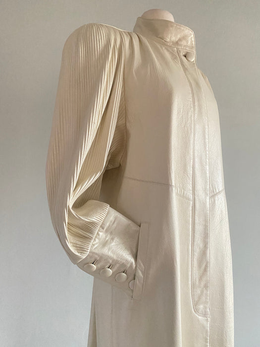 Vintage Ivory Pearl Leather Midi Coat With Micro Pleated Sleeves / SM