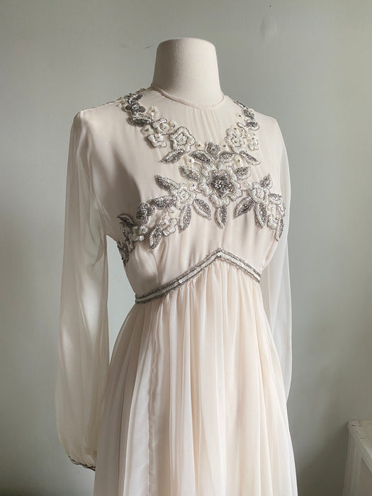 Romantic 1970's Ivory Chiffon Wedding Gown With Beading / Medium