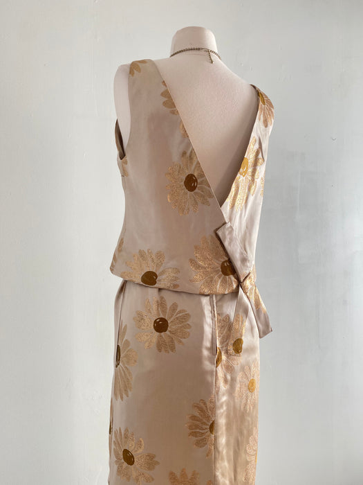 Glamorous Early 1960's Gold Silk Couture Evening Gown With Daisies / Small