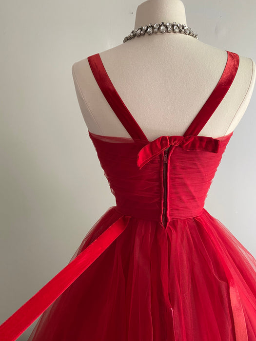 1950's Cherry Red Tulle Party Dress With Velvet Bows / Small Xtabay Vintage 1950's Cherry Red Tulle Party Dress With Velvet Bows / Small Xtabay Vintage