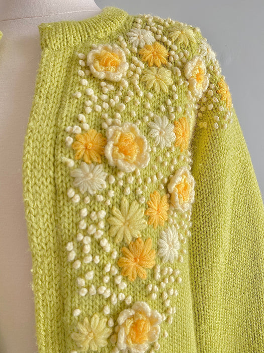 Darling 1960's Embroidered Daisy Chain Knit Cardigan / Medium