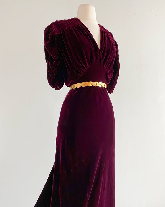 1930's Burgundy Silk Velvet Bias Cut Evening Gown / ML