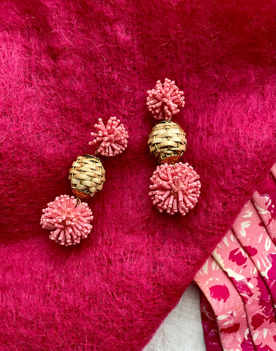 Fabulous Pink Straw Tiki Earrings