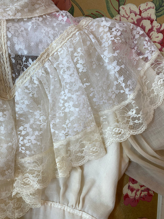 Romantic 1970s Ivory Cotton Voile and Lace Edwardian Style Gown / XS