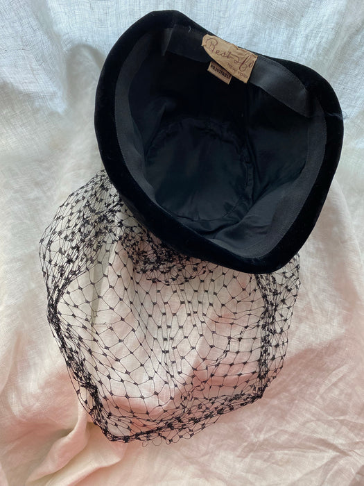 Femme Fatale Glamour 1940's Black Velvet Hat With Full Veil From Best & Co.