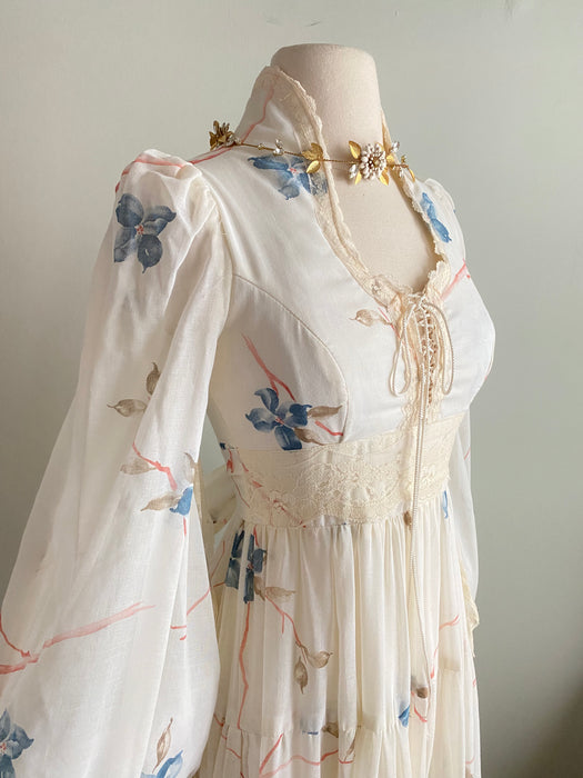 Rare Ethereal 1970's Floral Print Gunne Sax Corset Bodice Gown With Bishop Sleeves / s