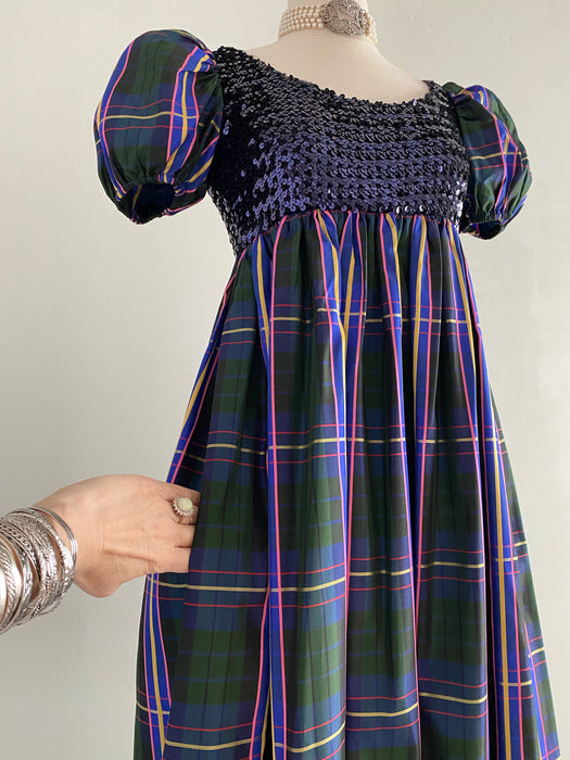 Late 1960's Plaid Taffeta Empire Waist Evening Gown With Pockets / Med Xtabay Vintage Late 1960's Plaid Taffeta Empire Waist Evening Gown With Pockets / Med Xtabay Vintage