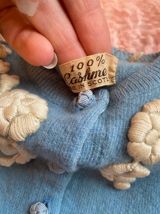 Dreamy 1950's Pale Blue Embroidered Cashmere Cardigan / XS