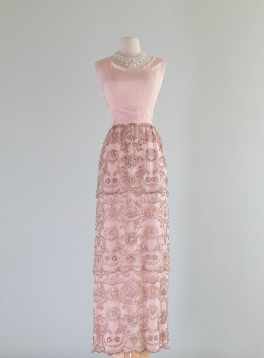 Stunning 1960's Heavily Beaded Peony Pink Evening Gown From I.Magnin / Medium