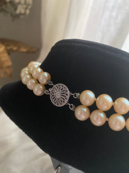 Vintage 1960's Pearl Necklace Double Strand with Sterling Clasp