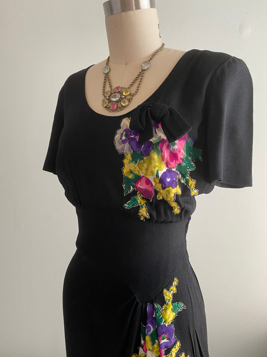 1940's Black Rayon Crepe Dress With Floral Appliqué / Small