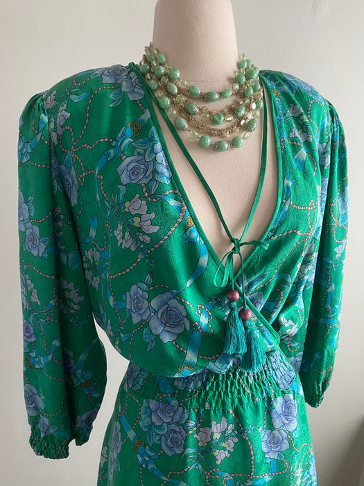 Fabulous 1980's Diane Freis Silk Floral Print Dress With Tassels / L