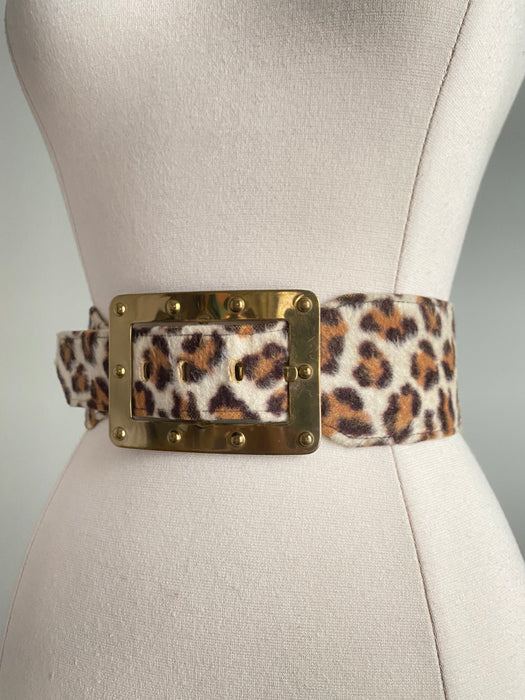 Vintage Leopard Print Belt With Brass Buckle / Medium