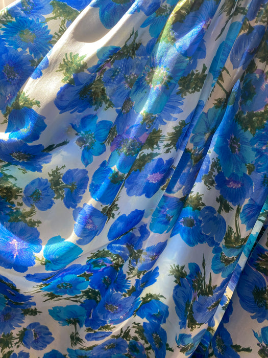 Gorgeous 1950's Lush Silk Blue Floral Print Party Dress / XS