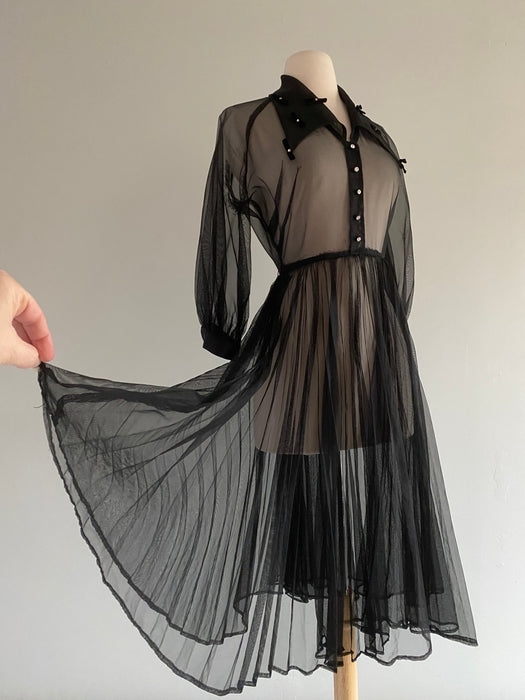 Wicked 1950's Sheer Black Chiffon Cocktail Dress With Bows / Small