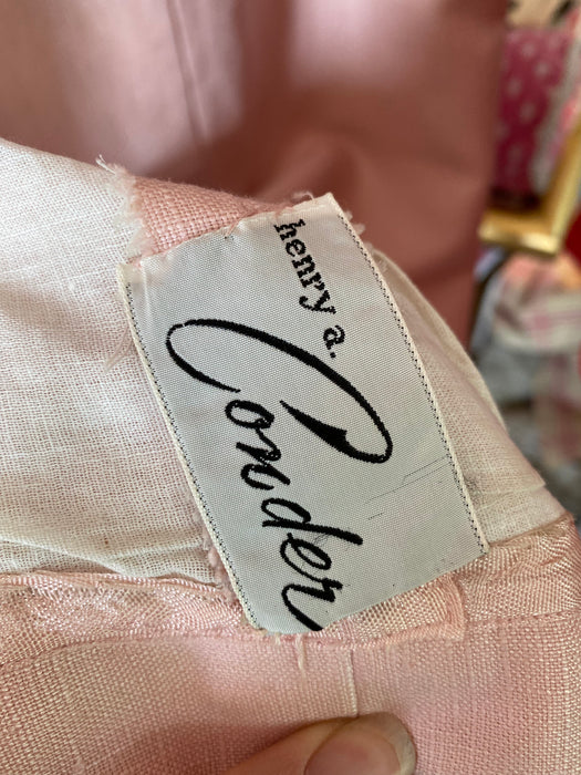 1950's Peony Pink Linen Dress With Floral Appliqué & Beading / Medium