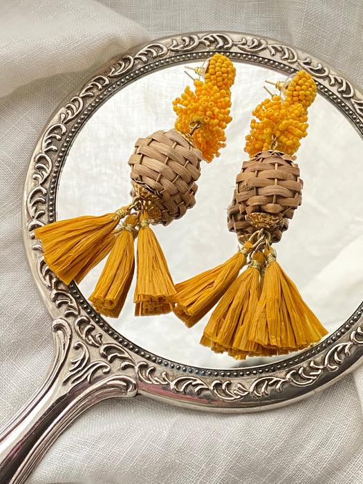Fabulous Yellow Straw Vintage Style Tiki Earrings