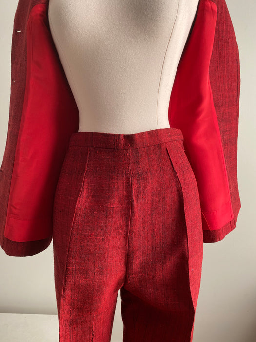 Fabulous 1960's Red Thai Silk Custom Pant Suit / SM