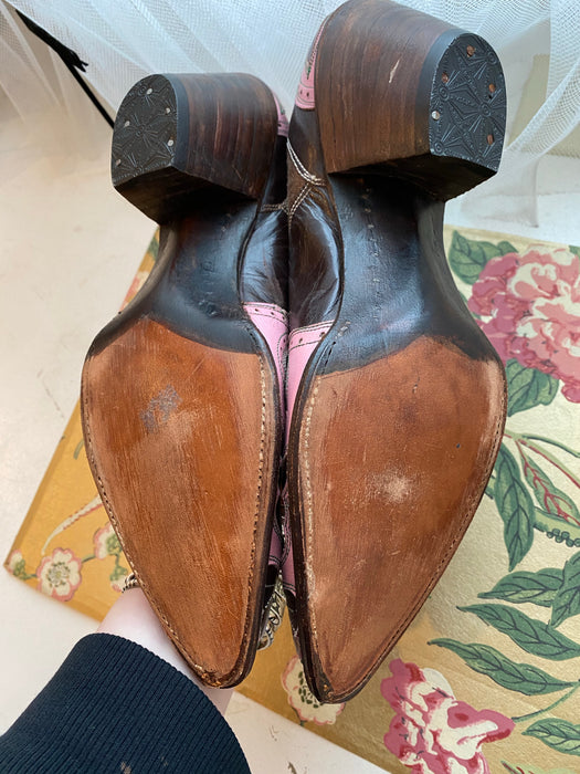 RARE 1940's Pink and Brown Leather Western Cowboy Boots NOS / Size 8.5-9