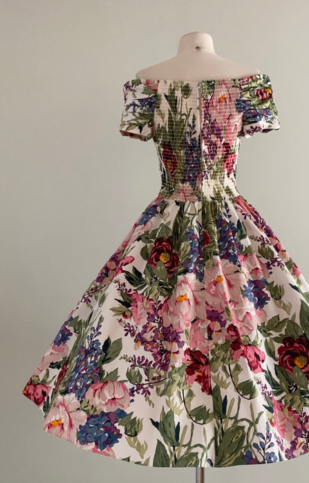 Dreamy 1980's Bucolic Rose Floral Print Cotton Party Dress / SM