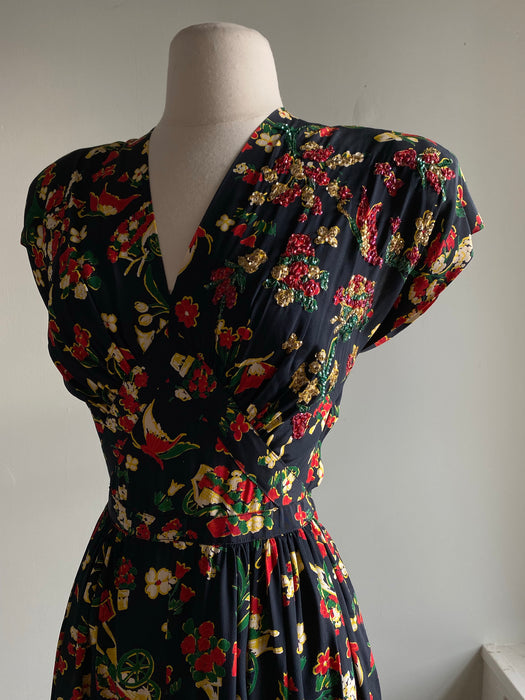 Rare 1940's Novelty Print Rayon Gown With Sequins / Small