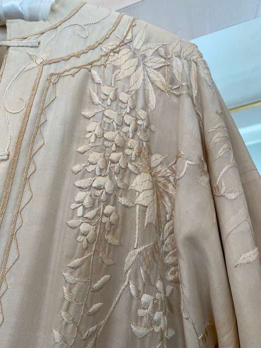 Rare 1920s Era Antique Embroidered Silk Chinese Robe With Wisteria Motif