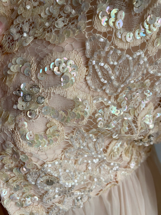 Beautiful Blushing Chiffon Evening Gown With Beaded Bodice / Waist 30