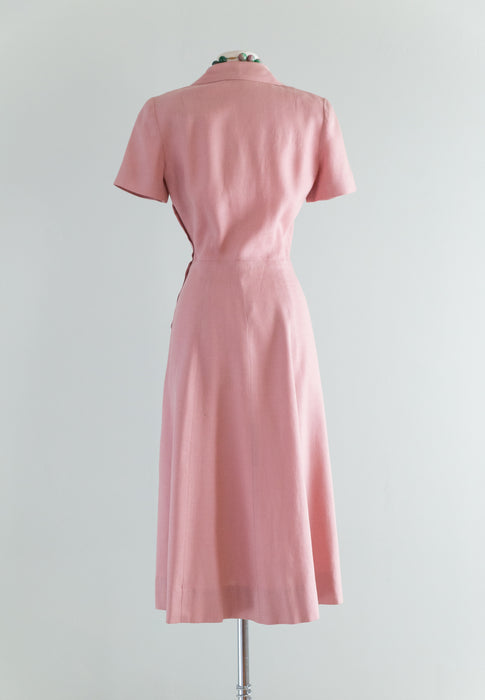 1950's Kane Weill Dusty Rose Linen Button Down Dress  / Waist 27