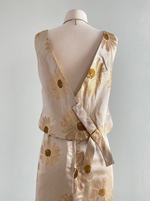 Glamorous Early 1960's Gold Silk Couture Evening Gown With Daisies / Small