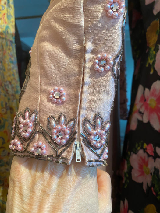 Elegant 1960's Pink Silk Beaded Cocktail Dress / Medium