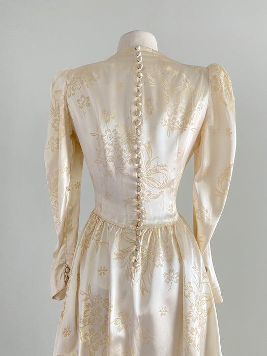 1940's Floral Flocked Slipper Satin Princess Wedding Gown / Medium