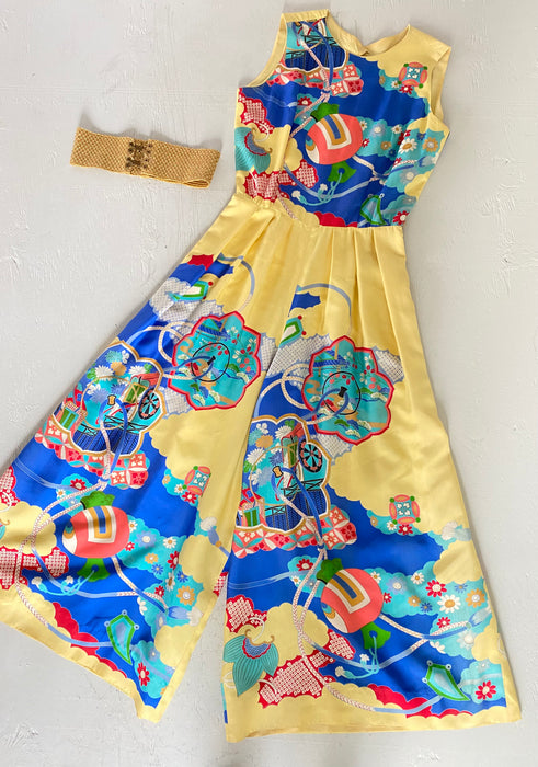 Rare Vintage Japanese Silky Rayon Yellow Jumpsuit / Waist 28
