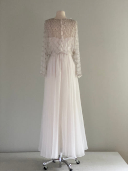 Stunning 1960's White Chiffon Wedding Gown With Pearl Beaded Bodice / Small